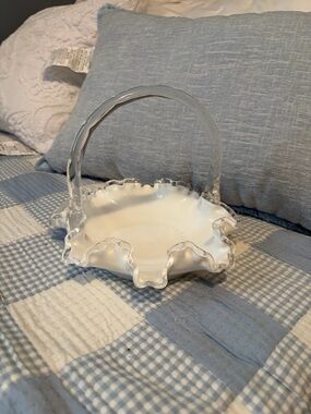 Fenton Vintage Silver Crest White Milk Glass Basket with Clear Handle
